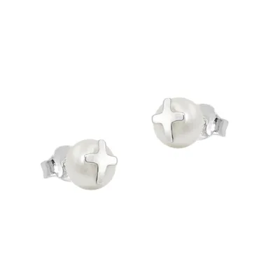 Produktbild von Ohrstecker Ohrring 6mm Süßwasserzuchtperle mit Silberkreuz Silber 925 silber 6mm