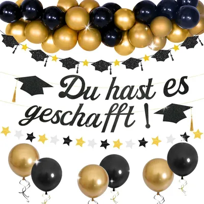 Productafbeelding van Afstudeerdecoratieset: glitters, zwart, goud, slingers, vlaggen, taartdecoraties