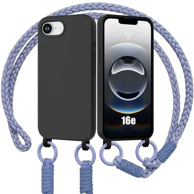 Image de Coque pour iPhone 16e, Protection Silicone Souple Noire avec Bandoulière Violet