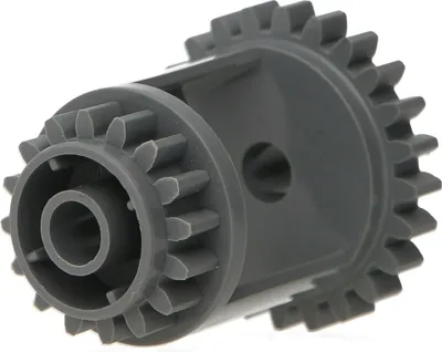 A close-up studio shot of a gray LEGO Technic differential gear.