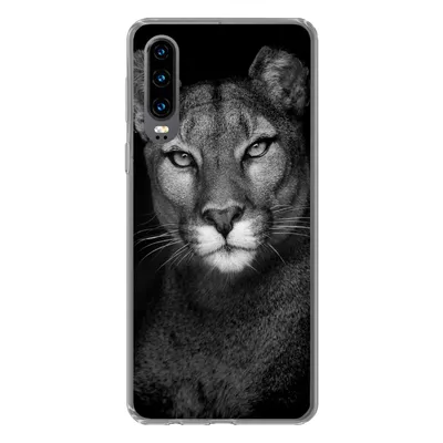 Produktbild von MuchoWow® Handyhülle Schutzhülle Hülle für Huawei P30 Porträtfoto eines Pumas auf schwarzem Hintergrund Silikon Softcase Handy Hülle - Kartenbesitzer