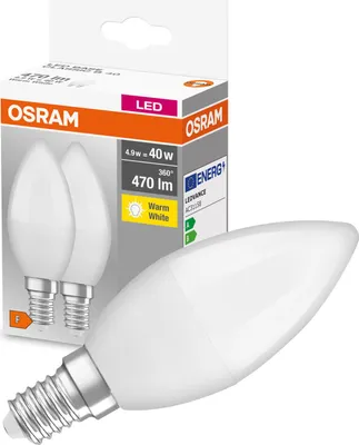 Zdjęcie produktu dla 2x Żarówka LED B37 Świeczka E14 4.9W = 40W 470lm 2700K Ciepła 200° BASE Osram