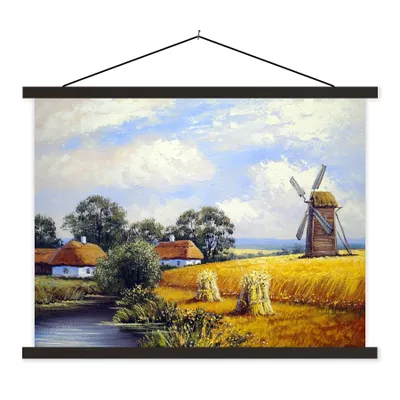 Produktbild von MuchoWow® Textilposter Gemälde - Bauernhof - Mühle - Ölfarbe 60x45 cm mit schwarzem Rahmen - Poster Schlafzimmer