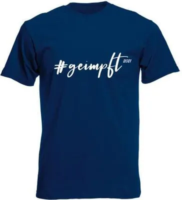 Produktbild von T-Shirt Uni in Dunkelblau mit Print - # geimpft 2021 - 09988 Gr. S-2XL Größe - XXL