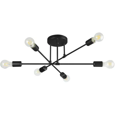 A black, modern ceiling light with six bulbs is shown against a white background.