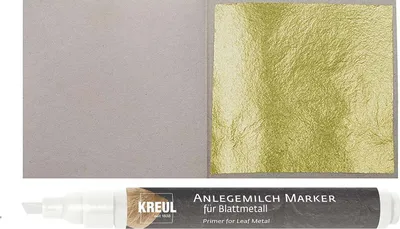 Produktbild von 10 Blatt Echtes Essbares Blattgold 23,75 Karat Echt Gold 3,8 cm x 3,8 cm Essbar Speisen Essen  Küche Gourmet Torten Deko Vergolden Basteln + 1 x Kreul Marker Anlegemilch Kleber im Stift