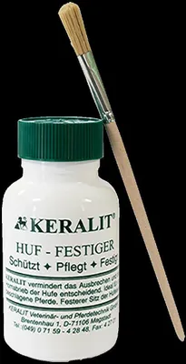 A bottle of KERALIT Huf-Festiger and a brush on a black background.