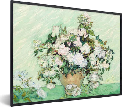 Produktbild von MuchoWow® MuchoWow® Gerahmtes Poster Vase mit Rosen - Vincent van Gogh 80x60 cm - Poster mit zchwarzem Bilderrahmen - Schwarzem - Mit Gestell