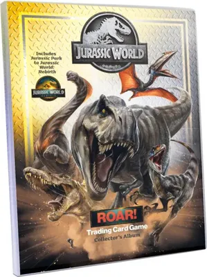 A collector's album for Jurassic World trading cards, featuring various dinosaurs.