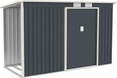 Produktbild von Juskys Metall Gerätehaus M mit Holzunterstand links, Schiebetür, Lüftungsgitter, Fundament - Geräteschuppen Gartenhaus Metallgerätehaus Holzregal