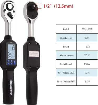 Obrázek produktu pro ES3-100AN 1/2palcový přenosný digitální momentový klíč Velký displej s podsvícením Zvukový LED alarm Měření špiček v reálném čase Přepínání čtyř jednotek Multifunkční praktický momentový klíč