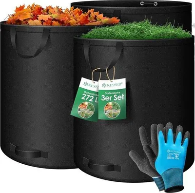 Produktbild von Famanu Gartenabfallsack 272 Liter - Robuster und wasserabweisender Sack mit 4 Griffen - Selbststehend und wiederverwendbar - Inklusive Handschuhe