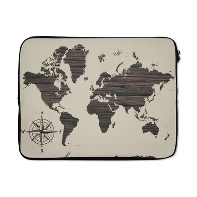 Produktbild von MuchoWow® Laptop Hülle 17 Zoll Laptoptasche Weltkarte - Holz - Vintage - Zipper - Schutzabdeckung