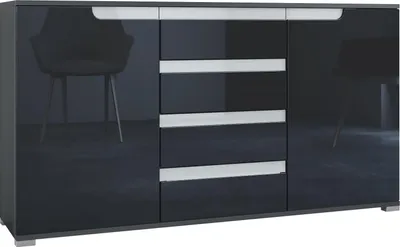 Produktbild von Vladon Sideboard Sylt V1, Kommode mit 2 Türen und 4 Schubladen, Korpus - Anthrazit matt / Front - Schwarz Hochglanz / Absetzung - Weiß Hochglanz (138,5 x 75,5 x 35 cm)
