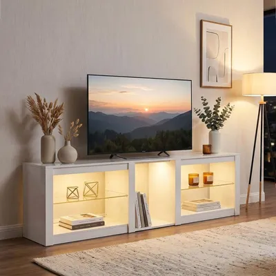 Produktbild von TV-Lowboard 160x35x52 cm mit RGB-LED und Glasböden, Weiß, für 75 Zoll