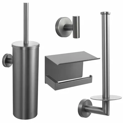 Produktbild von VDN Stainless Toilettenzubehör Set Gunmetal 4-teilig - Toilettenbürstenhalter - Toilettenpapierhalter mit Ablage - Handtuchhaken - Ersatzrollenhalter
