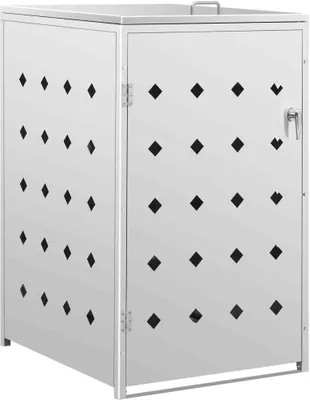 A stainless steel trash can enclosure with diamond-shaped cutouts.
