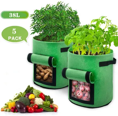 Produktbild von Vigevee 5er Set Pflanzsäcke 38 L aus Vlies mit Sichtfenster & Griffen, Kartoffel-Pflanztaschen für Gemüse, Balkon & Garten