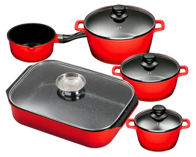 A set of red cookware with glass lids, including pots and a roasting pan, arranged on a white background.