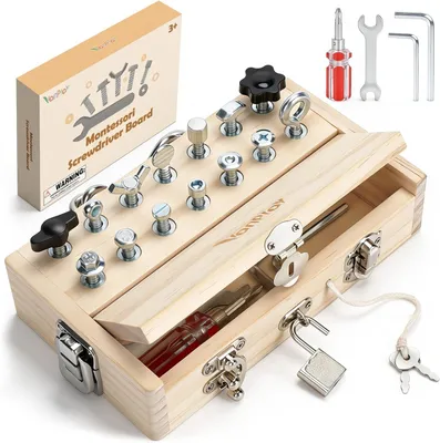 Produktbild von Montessori Spielzeug ab 3 4 5 Jahre, Motorikspielzeug Holzspielzeug Schraubendreher Busy Board mit Schlüssel und Schloss, Kinderspielzeug Geschenke