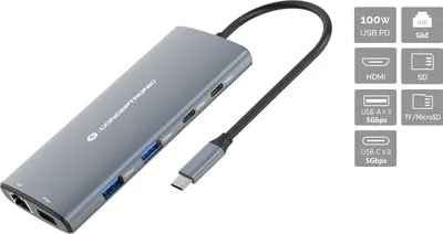 Produktbild von Conceptronic DONN06G 10-in-1 USB 3.2 Gen 1 Dockingstation, HDMI, 100W USB PD, USB-C 5Gbps x 2, USB-A 5Gbps x 3, SD, TF/MicroSD, GbE
