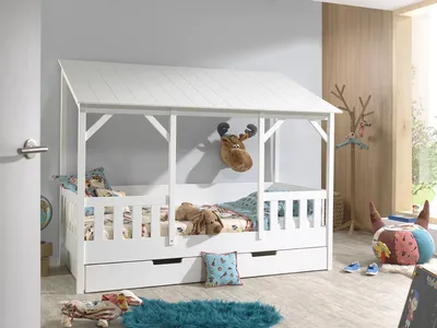 Produktbild von Vipack  Hausbett mit 90 x 200 cm Liegefläche und Bettschublade, Korpus Weiß lackiert, Dach in Weiß