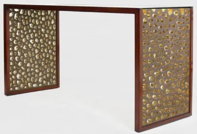 Produktbild von Casa Padrino Designer Schreibtisch mit Glasplatte Braun / Bronze / Gold 140 x 55 x H. 77 cm - Bürotisch - Computertisch - Luxus Büro Möbel
