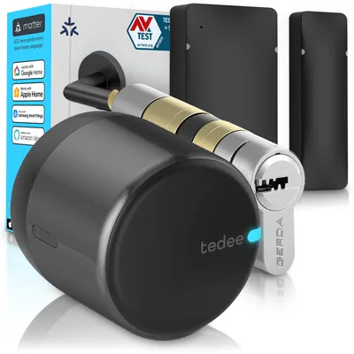 Produktbild von Tedee GO2 Alu Smart Lock Set mit Türsensor und EXXO Zylinder – Elektronisches Türschloss, Klasse 6, Auto-Lock nur bei geschlossener Tür, Matter