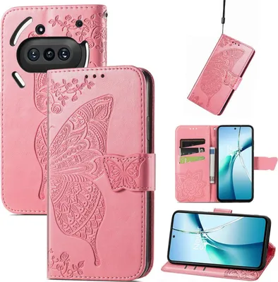 Image de Étui portefeuille en similicuir pour Nothing Phone 3a, motif papillon, rose
