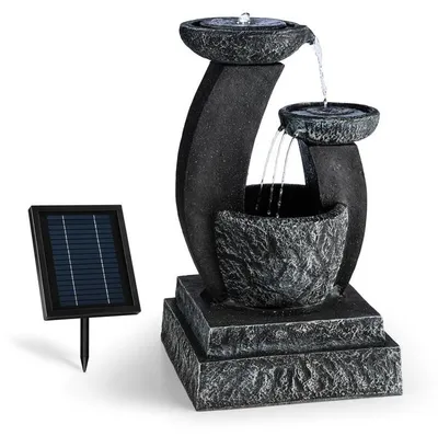 Produktbild von blumfeldt Fantaghiro Zierbrunnen mit Wasserspiel - Gartenbrunnen , 3 Ebenen , integrierte Beleuchtung , 3 W Solarpanel , unabhängig vom Stromnetz Dank Akku , Polyresin , Naturstein-Optik , schwarz