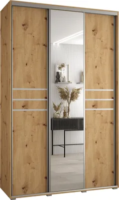A three-door wardrobe with mirrored panels, showcasing a modern design with wood-effect doors and silver accents.