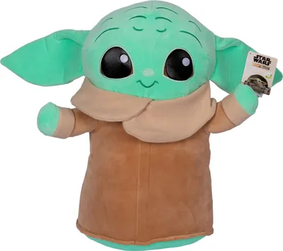 A plush toy of Baby Yoda from Star Wars is shown against a white background.