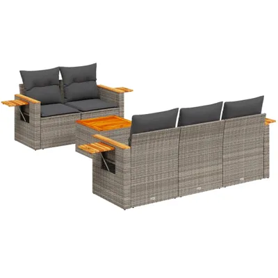 Produktbild von 6-tlg. Gartenmöbel-Set, modulare Sofagarnitur mit Akazienholz-Tisch, Poly Rattan Grau, UV-beständig, abnehmbare Kissenbezüge