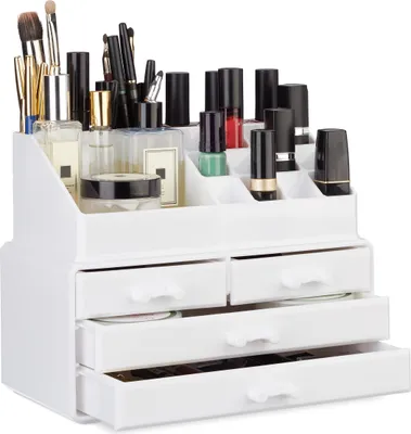 Produktbild von 2 x Make Up Organizer klein, 2-teilige Schmink Aufbewahrung Acryl, mit Lippenstifthalter und je 4 Schubladen, weiß