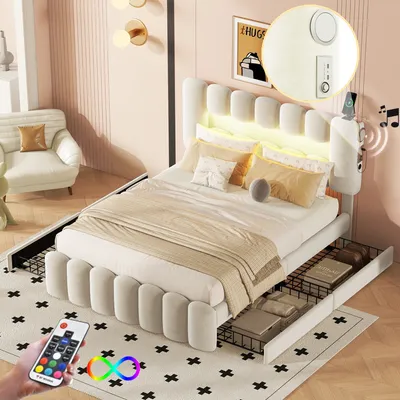 A bedroom setting with a bed, sofa, and decorative elements.