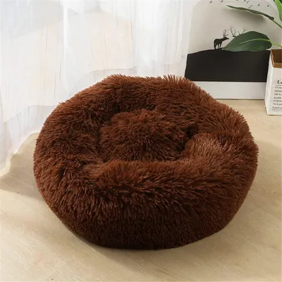 Image de Lit pour chien, lit pour chat, doux, rond, en peluche, 80 cm de diamètre, couleur marron saddle