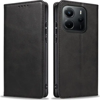 A black leather flip case for a smartphone is shown from two angles, front and back.