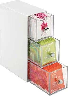 Produktbild von Unyqoos® Aufbewahrungsbox mit 3 Schubladen – Teebox & Küchen-Organizer für Teebeutel, Kaffeepads, Süßstoffe – Kunststoff, Weiß/Transparent, 8,9×17,8×25,4 cm