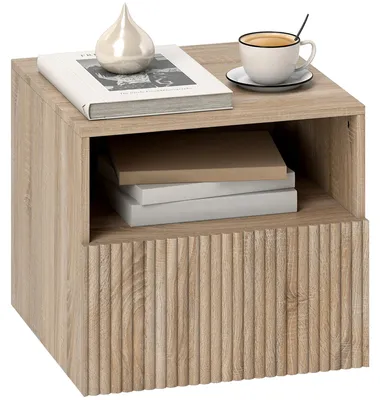 Image de Table de chevet suspendue - Table d'appoint avec tiroir - Compartiment ouvert - Aspect bois - 1 tiroir - Hauteur : 35 cm - Couleurs naturelles