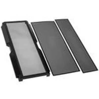 Three black computer case dust filters are arranged diagonally on a white background.