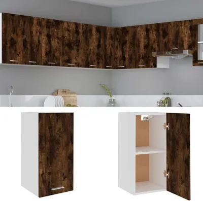A kitchen scene with upper cabinets and two separate cabinet units shown below.