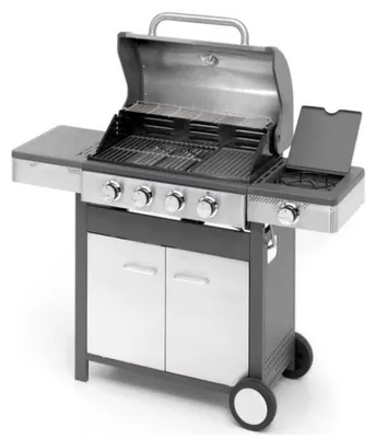 Immagine prodotto di Ompagrill Barbecue a gas Indianapolis 5/B, con 4 bruciatori in acciaio inossidabile, fornello laterale e griglia in ghisa smaltata, dimensioni 133x58 cm