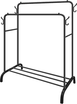 Zdjęcie produktu dla Wieszak na ubrania – wolnostojący wieszak na ubrania – podwójny drążek – metalowy – półka na buty – stabilny – czarny