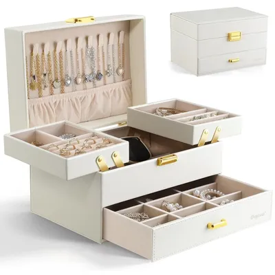 Image de Boîte à bijoux velours - Coffret à bijoux - 23 x 16 x 14,5 cm - Blanc - Pour bagues, boucles d'oreilles et colliers