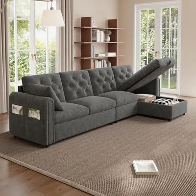 Produktbild von okwish Big Sofa Ecksofa mit Rückenlehne und Steppung,Sitzgruppe mit L-förmiger Stauraum,Loungesofa Chaiselongue mit Aufbewahrungstasche,Grau