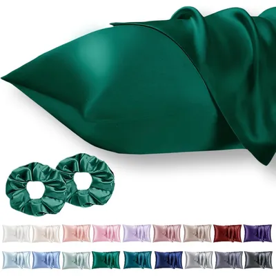 Immagine prodotto di Set di 2 federe in raso, 50x75 cm, color verde scuro, con 2 elastici per capelli