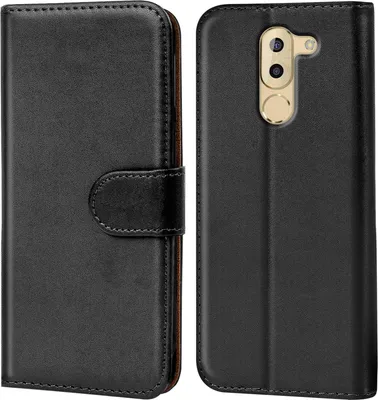 A black flip case for a smartphone is shown from the front and back.