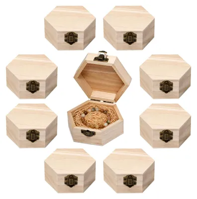 8 sechseckige Holzkisten mit Deckel, 9x9x5 cm, DIY