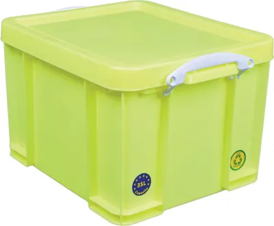Produktbild von Really Useful Box – Box Aufbewahrungsbox 35 Liter, neongelb mit weißen Griffen
