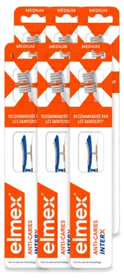 Imagen del producto de 6 cepillos de dientes Elmex InterX, para la prevención de caries, dureza media - Paquete económico - 6 unidades